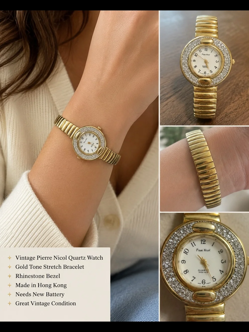 Vintage Pierre Nicol Gold Tone Quartz Stretch Bracelet Watch | Rhinestone Bezel